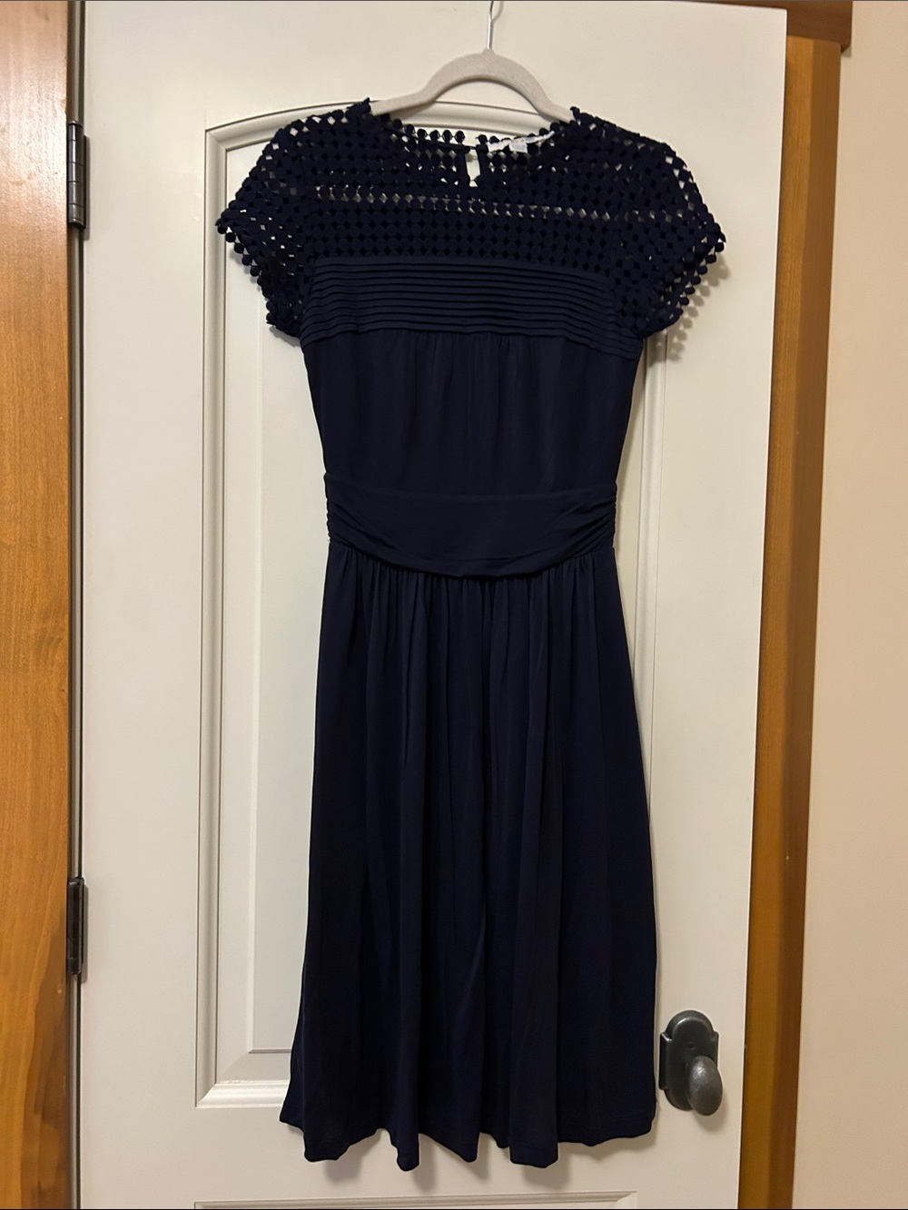 Boden Navy Crochet-Yoke Midi Dress formal or casual with stretch at waist